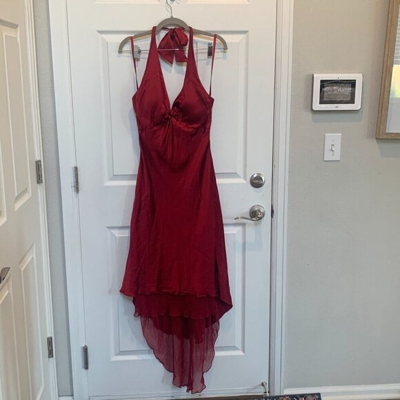 Vintage 90's Cache Dark Red Halter neck Front Hi Low Dress Sz 10 - Picture 2 of 3